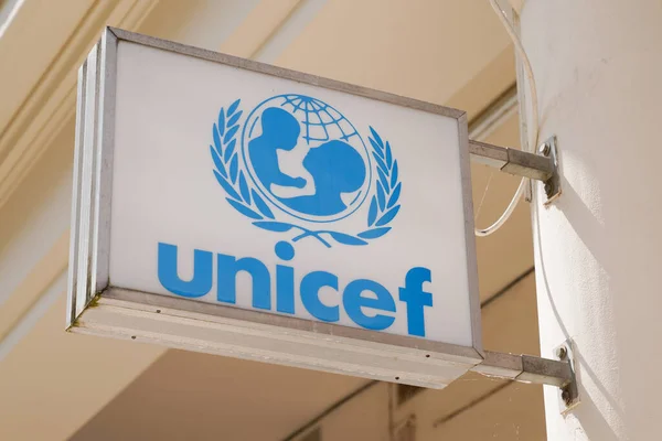 Bordeaux Aquitaine Franciaország 2020 Unicef Aláírás Szöveg Kék Logó Egyesült — Stock Fotó