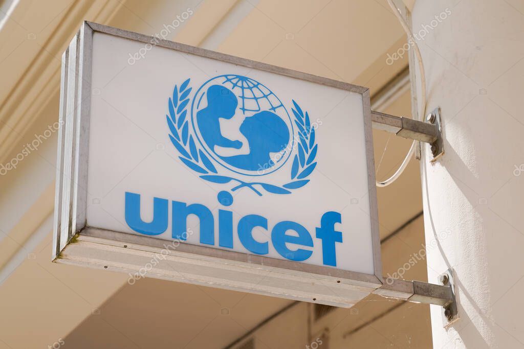 Bordeaux , Aquitaine / France - 09 20 2020 : unicef sign text and blue logo front of office of United Nations Children's Fund