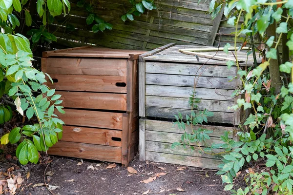 Deux Bac Compost Bois Dans Maison Jardin Familiale — Photo
