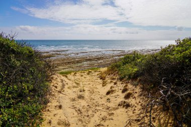 Batı Fransız Jard-sur-Mer okyanus atlantik kıyısı kumlu kumlu kumlu sahil Fransa 'nın kumlu ufuk manzaralı