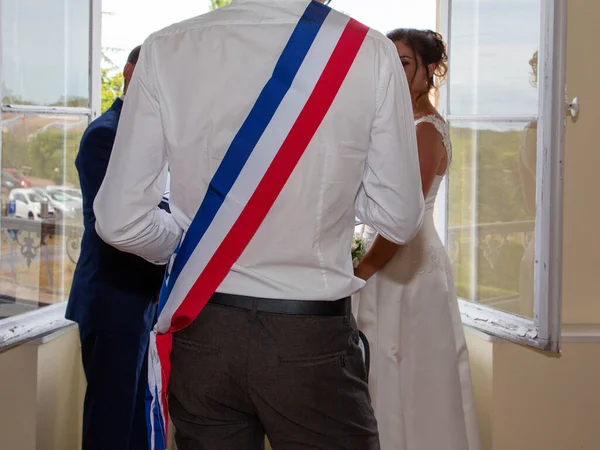 Vista Trasera Alcalde Con Bufanda Francesa Bandera Francia Tricolor Durante —  Fotos de Stock