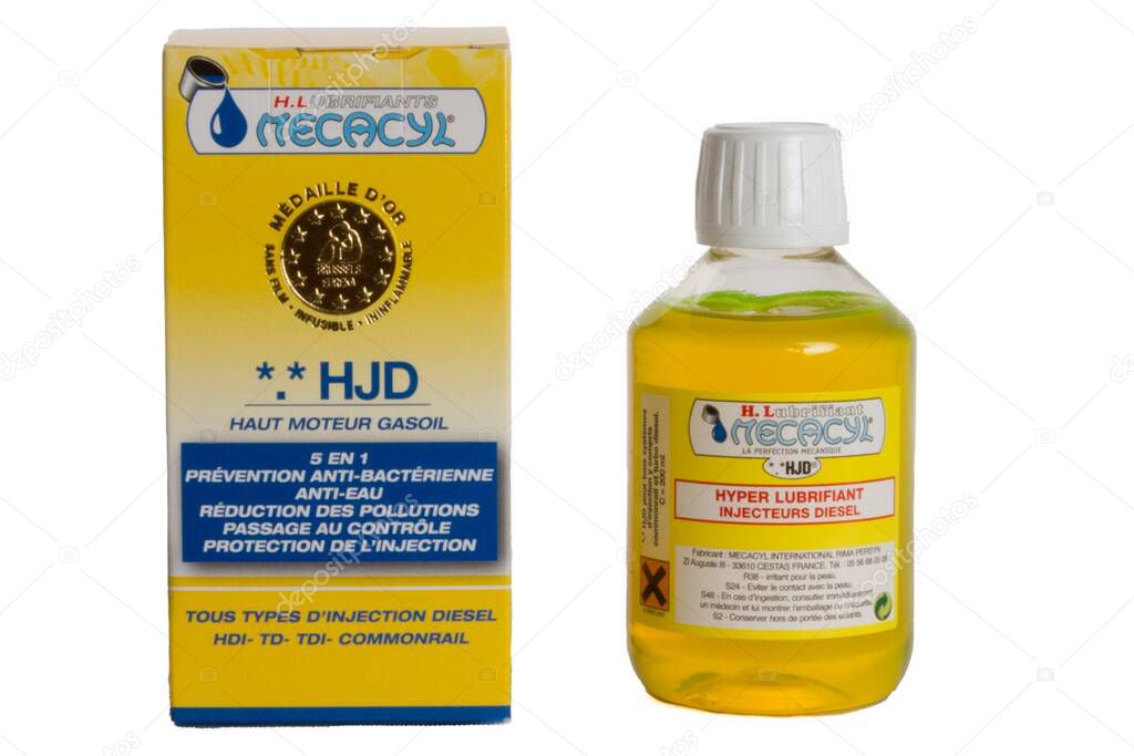 Bordeaux, France -  09 02 2025 : mecacyl car diesel injector lubricant oil automotive France lubricants company logo brand and text sign on yellow box bottle