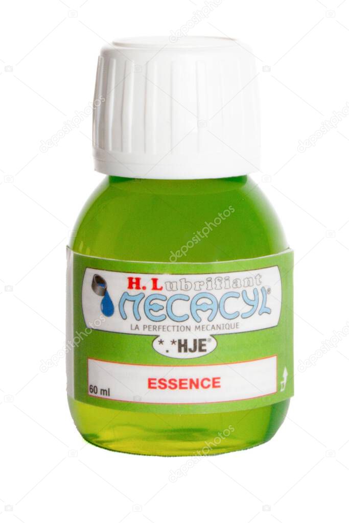 Bordeaux, France -  09 03 2025 : mecacyl engine additive lubrifiants automotive France lubricant company logo brand and text sign on yellow bottle liquid motor oil