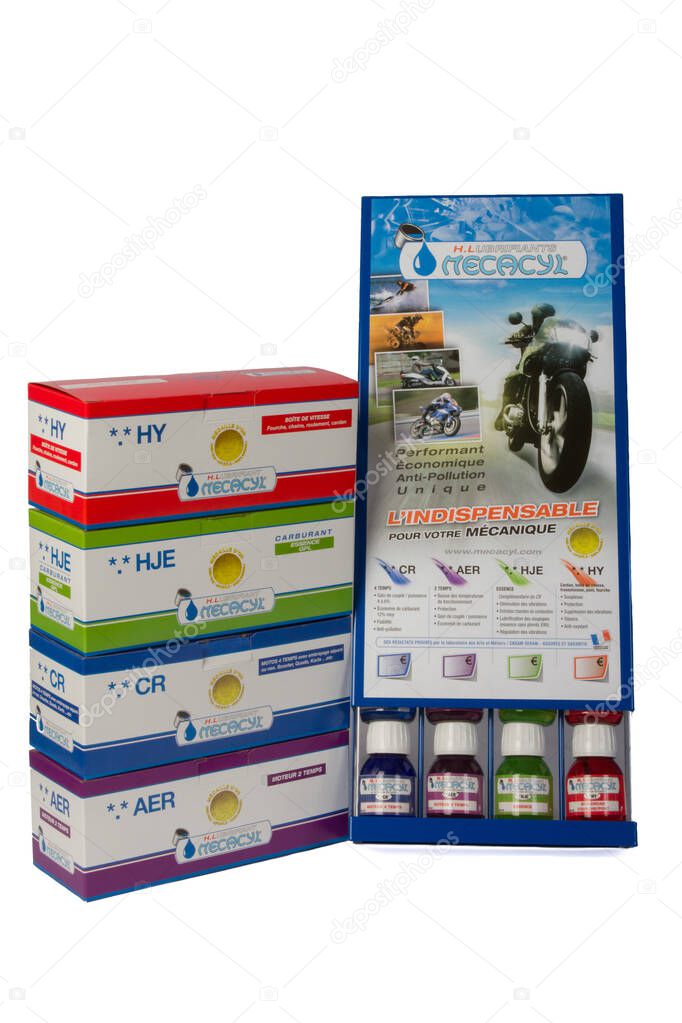 Bordeaux , France - 09 10 2025 : mecacyl display hyper lubrifiants motorcycle france lubricants company logo brand and text sign in motorbike market