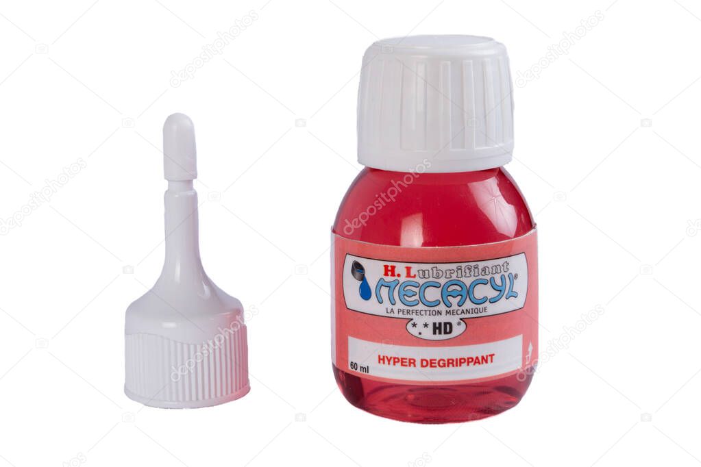 Bordeaux , france - 09 12 2025 : mecacyl hyper degrippant france bottle red lubricants company logo brand and text sign of super penetrating oil