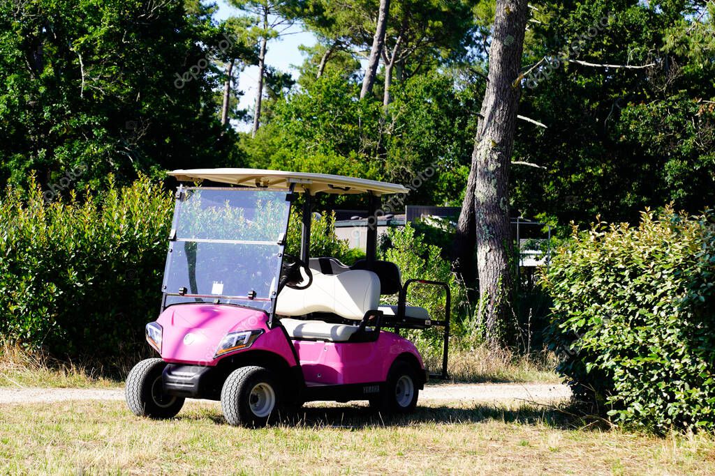 Sete , france - 09 12 2025 : yamaha pink golf car with side logo text and brand sign on park golf course