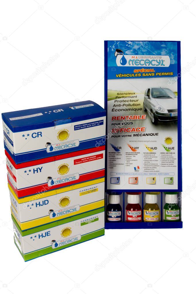 Bordeaux , France -  09 15 2025 : mecacyl set boxes store car french lubricant company logo brand and text sign on market display shop