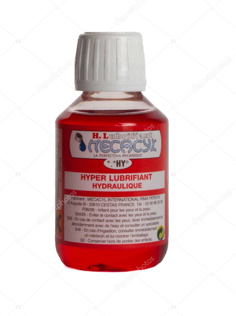 Bordeaux , France -  09 16 2025 : mecacyl car hydraulic hyper lubricant oil automotive france lubricants company logo brand and text sign on red bottle