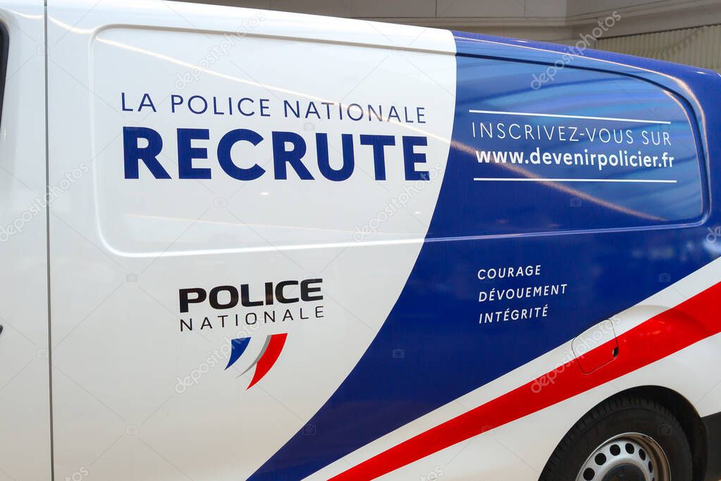 Bordeaux , France -  09 15 2025 : police nationale became policeman recrutement panel van advert logo brand and text sign in event vehicle signage