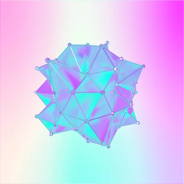 Ilustración de una metamorfosis de forma de un modelo poligonal semi transparente. Ilustración 3D multicolor de una mancha 3D poligonal. Colores azul, cian y violeta — Foto de Stock