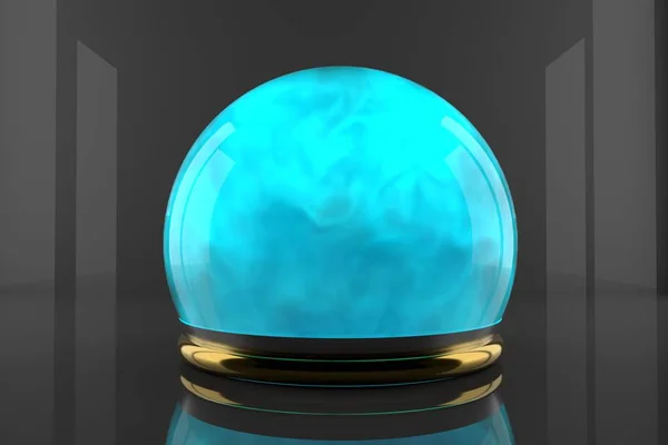 Crystal ball with fume inside and particles motion. Cyan color gas inside a glass sphere. Design of liquid luminous smoke. — Stock Photo, Image