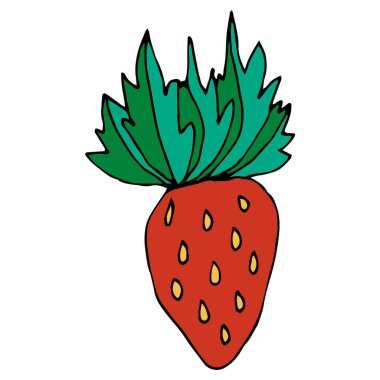 Beyaz arka planda izole edilmiş şirin karikatür kırmızı çilek. Vektör illüstrasyonu.   