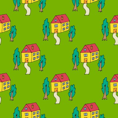 Çizgi film karikatür evi ve ağaçlar kusursuz desenli bahçe. Köy kartı. Çocuksu bir ev geçmişi var. Vektör illüstrasyonu.    