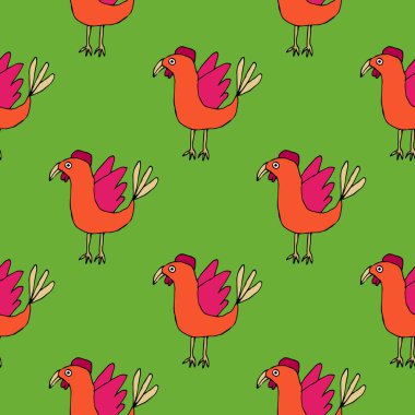 Çocuksu karalama tarzında tropik kuşun olduğu sevimli çizgi film deseni. Hayvan geçmişi. Vektör illüstrasyonu. 