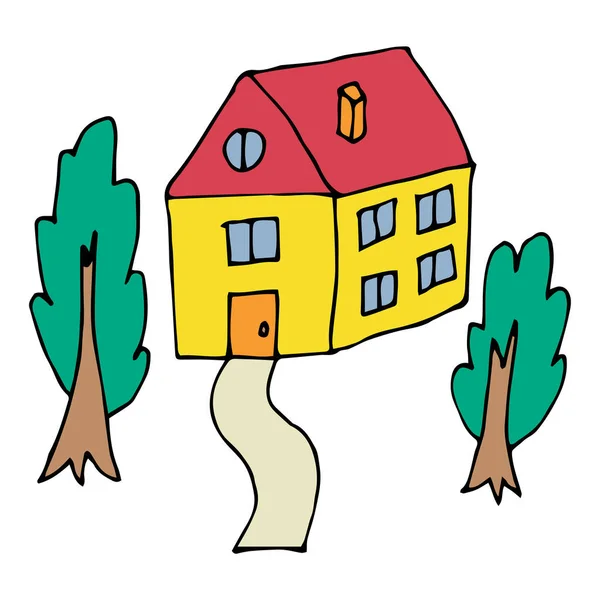 Cartoon Doodle House Garden Trees Isolated White Background Childlike Style — Stock Vector