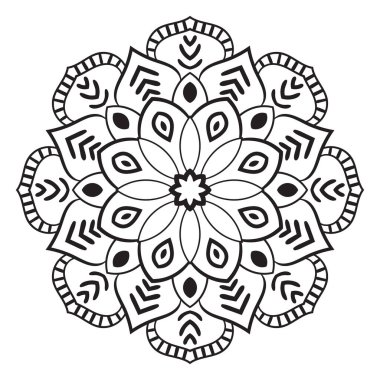 Siyah çizgili çiçek mandala. Beyaz arkaplanda izole edilmiş boyama kitabı için karalama yuvarlak dekoratif öğe. Çiçekli geometrik çember. Vektör illüstrasyonu. 