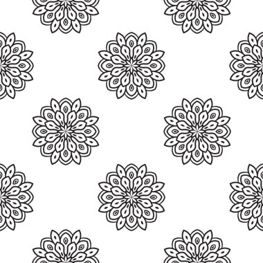 Süslü mandala ile kusursuz bir şablon. Soyut yuvarlak karalama çiçek arkaplanı. Çiçekli geometrik çember. Vektör illüstrasyonu.  
