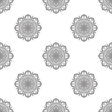Süslü mandala ile kusursuz bir şablon. Soyut yuvarlak karalama çiçek arkaplanı. Çiçekli geometrik çember. Vektör illüstrasyonu.  