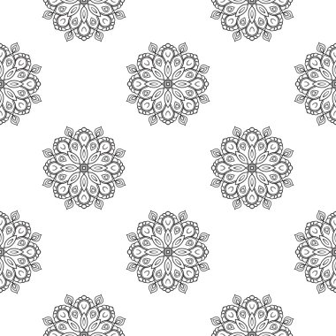 Süslü mandala ile kusursuz bir şablon. Soyut yuvarlak karalama çiçek arkaplanı. Çiçekli geometrik çember. Vektör illüstrasyonu.  