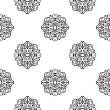 Süslü mandala ile kusursuz bir şablon. Soyut yuvarlak karalama çiçek arkaplanı. Çiçekli geometrik çember. Vektör illüstrasyonu.  