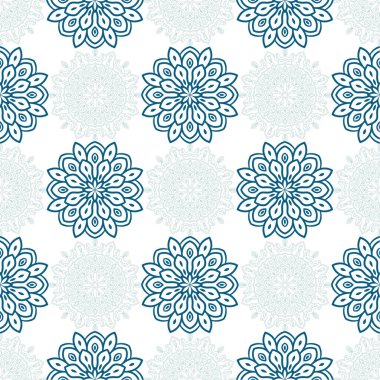 Süslü mandala ile kusursuz bir şablon. Soyut yuvarlak karalama çiçek arkaplanı. Çiçekli geometrik çember. Vektör illüstrasyonu.  