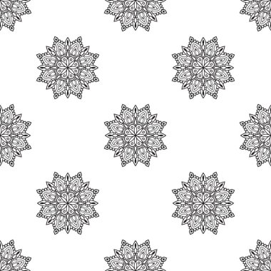 Süslü mandala ile kusursuz bir şablon. Soyut yuvarlak karalama çiçek arkaplanı. Çiçekli geometrik çember. Vektör illüstrasyonu.  