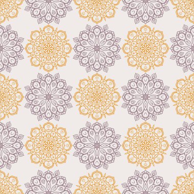 Süslü mandala ile kusursuz bir şablon. Soyut yuvarlak karalama çiçek arkaplanı. Çiçekli geometrik çember. Vektör illüstrasyonu.  