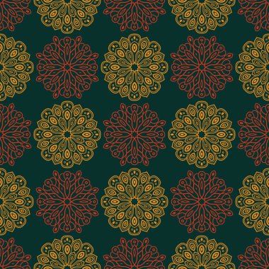 Süslü mandala ile kusursuz bir şablon. Soyut yuvarlak karalama çiçek arkaplanı. Çiçekli geometrik çember. Vektör illüstrasyonu.  