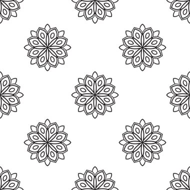 Süslü mandala ile kusursuz bir şablon. Soyut yuvarlak karalama çiçek arkaplanı. Çiçekli geometrik çember. Vektör illüstrasyonu.  