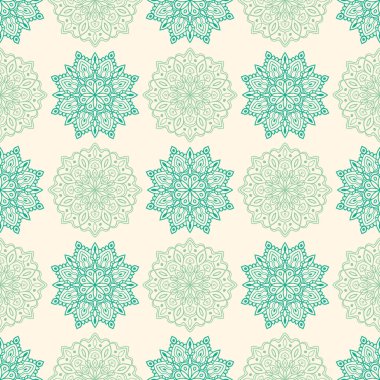 Süslü mandala ile kusursuz bir şablon. Soyut yuvarlak karalama çiçek arkaplanı. Çiçekli geometrik çember. Vektör illüstrasyonu.  