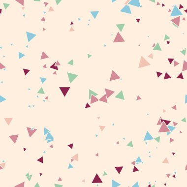 Soyut Memphis pürüzsüz deseni, renkli kaotik küçük üçgenler. Sonsuz üçgen dağınık geometrik desen. Renkli Terrazzo fayansları. Vektör illüstrasyonu. 
