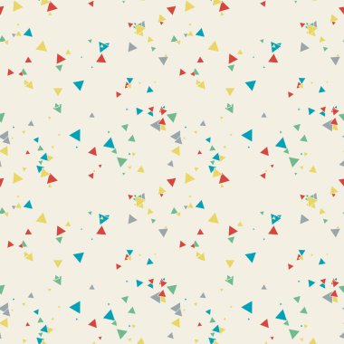 Soyut Memphis pürüzsüz deseni, renkli kaotik küçük üçgenler. Sonsuz üçgen dağınık geometrik desen. Renkli Terrazzo fayansları. Vektör illüstrasyonu. 