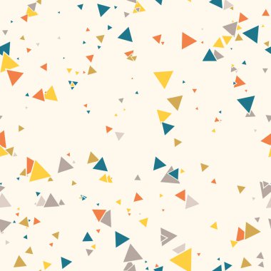 Soyut Memphis pürüzsüz deseni, renkli kaotik küçük üçgenler. Sonsuz üçgen dağınık geometrik desen. Renkli Terrazzo fayansları. Vektör illüstrasyonu. 