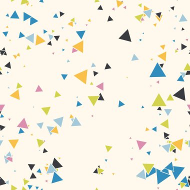Soyut Memphis pürüzsüz deseni, renkli kaotik küçük üçgenler. Sonsuz üçgen dağınık geometrik desen. Renkli Terrazzo fayansları. Vektör illüstrasyonu. 