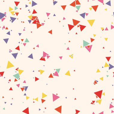 Soyut Memphis pürüzsüz deseni, renkli kaotik küçük üçgenler. Sonsuz üçgen dağınık geometrik desen. Renkli Terrazzo fayansları. Vektör illüstrasyonu. 