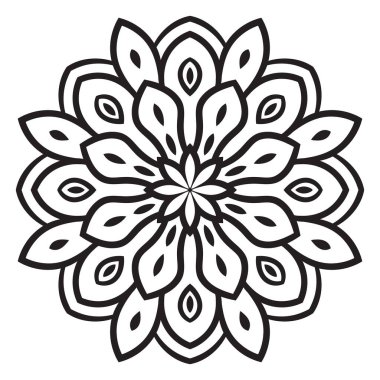 Siyah çizgili çiçek mandala. Beyaz arkaplanda izole edilmiş boyama kitabı için karalama yuvarlak dekoratif öğe. Çiçekli geometrik çember. Vektör illüstrasyonu. 