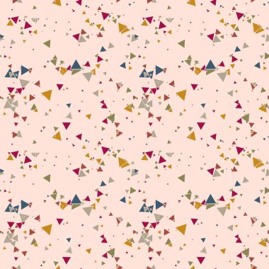 Soyut Memphis pürüzsüz deseni, renkli kaotik küçük üçgenler. Sonsuz üçgen dağınık geometrik desen. Renkli Terrazzo fayansları. Vektör illüstrasyonu. 