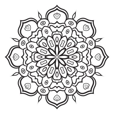 Siyah çizgili çiçek mandala. Beyaz arkaplanda izole edilmiş boyama kitabı için karalama yuvarlak dekoratif öğe. Çiçekli geometrik çember. Vektör illüstrasyonu. 