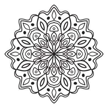 Siyah çizgili çiçek mandala. Beyaz arkaplanda izole edilmiş boyama kitabı için karalama yuvarlak dekoratif öğe. Çiçekli geometrik çember. Vektör illüstrasyonu. 