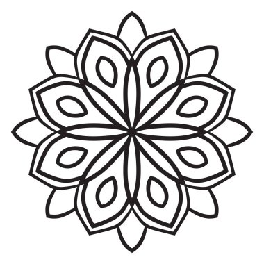 Siyah çizgili çiçek mandala. Beyaz arkaplanda izole edilmiş boyama kitabı için karalama yuvarlak dekoratif öğe. Çiçekli geometrik çember. Vektör illüstrasyonu. 