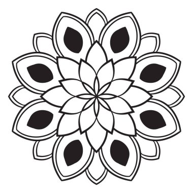 Siyah çizgili çiçek mandala. Beyaz arkaplanda izole edilmiş boyama kitabı için karalama yuvarlak dekoratif öğe. Çiçekli geometrik çember. Vektör illüstrasyonu. 