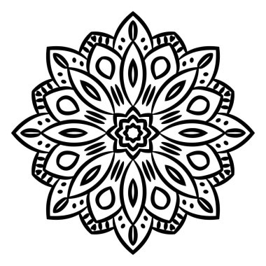 Siyah çizgili çiçek mandala. Beyaz arkaplanda izole edilmiş boyama kitabı için karalama yuvarlak dekoratif öğe. Çiçekli geometrik çember. Vektör illüstrasyonu. 