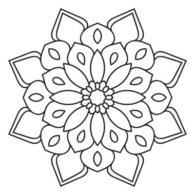 Siyah çizgili çiçek mandala. Beyaz arkaplanda izole edilmiş boyama kitabı için karalama yuvarlak dekoratif öğe. Çiçekli geometrik çember. Vektör illüstrasyonu. 