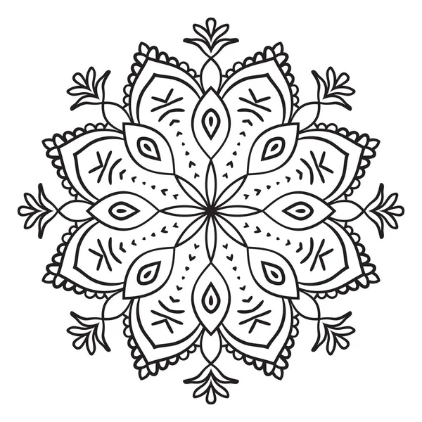 Siyah çizgili çiçek mandala. Beyaz arkaplanda izole edilmiş boyama kitabı için karalama yuvarlak dekoratif öğe. Çiçekli geometrik çember. Vektör illüstrasyonu. 