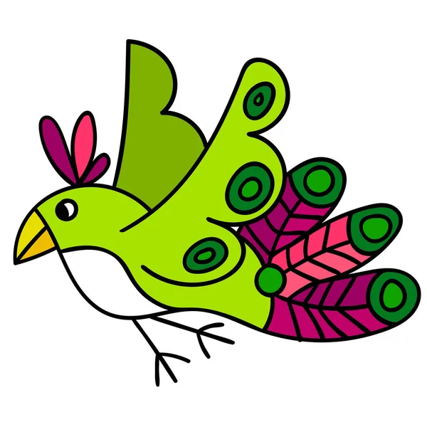 Зеленый Мультфильм Летящая Птица Изолирована Белом Фоне Векторная Иллюстрация — стоковый вектор