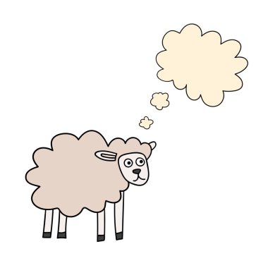 Beyaz arka planda izole edilmiş düşünce baloncuğu olan çizgi film çizgi roman çizgi koyunları. Vektör illüstrasyonu.    