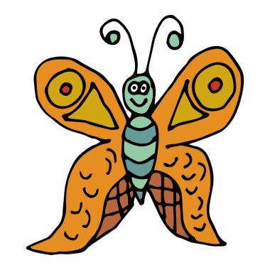 Karikatür karalama kelebeği beyaz arka planda izole edilmiş. Vektör illüstrasyonu.  