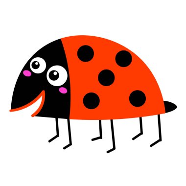 Çizgi filmdeki mutlu uğur böceği beyaz arka planda izole edilmiş. Vektör illüstrasyonu.  