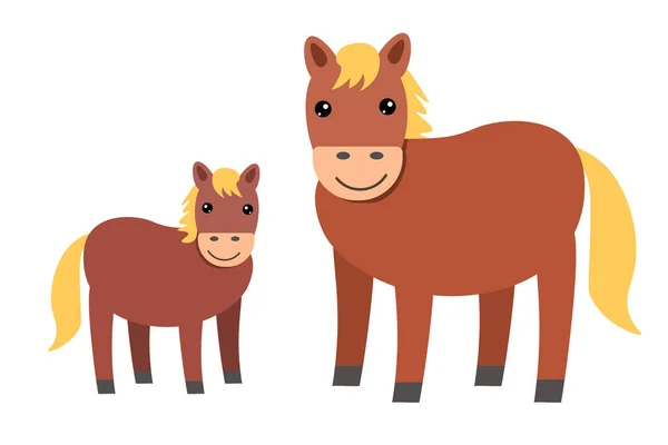 Família Cavalos Desenhos Animados Mãe Bebé Animais Fazenda Estilo Plano — Vetor de Stock