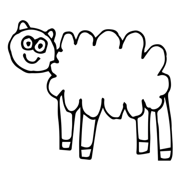 Cartoon Doodle Linear Sheep Isolated White Background Farm Animal Childlike — Stock Vector